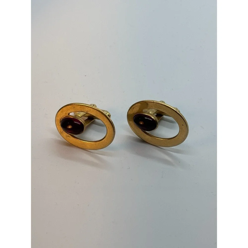 Cuff Links Vintage Gold Tone with Red Stone Details‎ Signed Speidel
